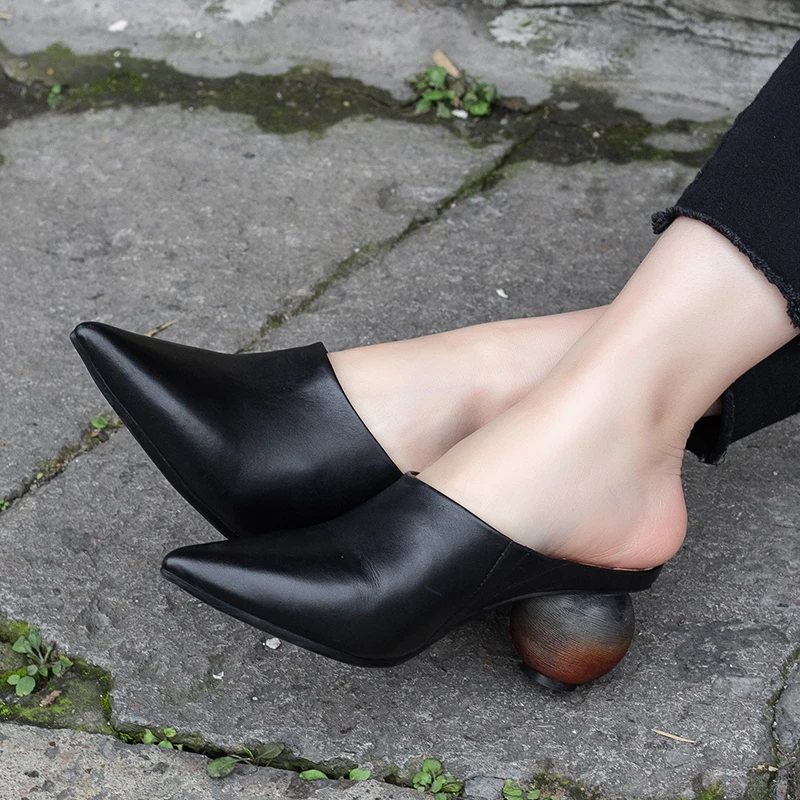 

JELLYFOND Handmade Genuine Leather High Heels Mules Sandals Pointy Toe Sexy Mule Pumps Women Shoes Slip On Heels Slippers Slides