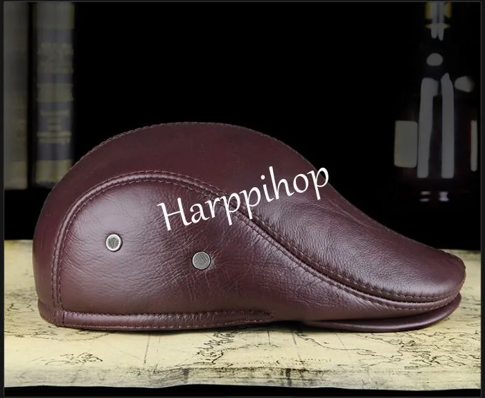 2019 New Design Men's 100% Genuine Leather  Cap brand Newsboy /Beret /Cabbie Hat/ Golf Hat winter warm hats with ears wool beret mens