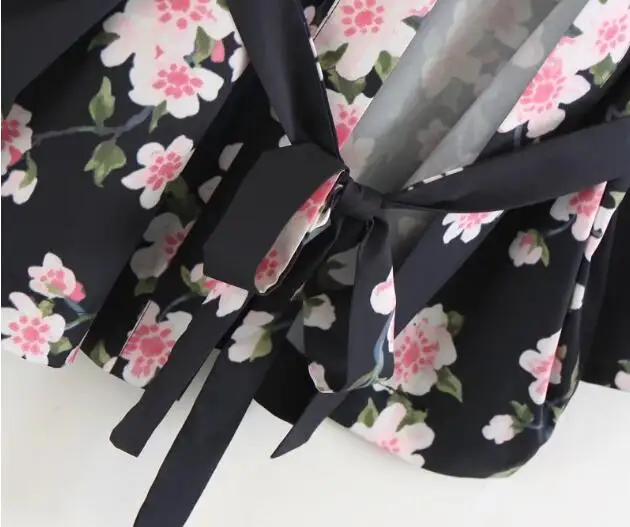 Винтаж V шеи Cherry blossom Цветочный принт пояса кимоно Рубашка летняя женщина с рукавом «летучая мышь» Свободная блузка Femme Blusas Топ солнцезащитный крем