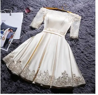 Robe De Soiree короткое ТРАПЕЦИЕВИДНОЕ светоотражающее платье с вырезом лодочкой для банкета, платье подружки невесты, кружевное элегантное формальное платье для выпускного вечера - Цвет: champagne