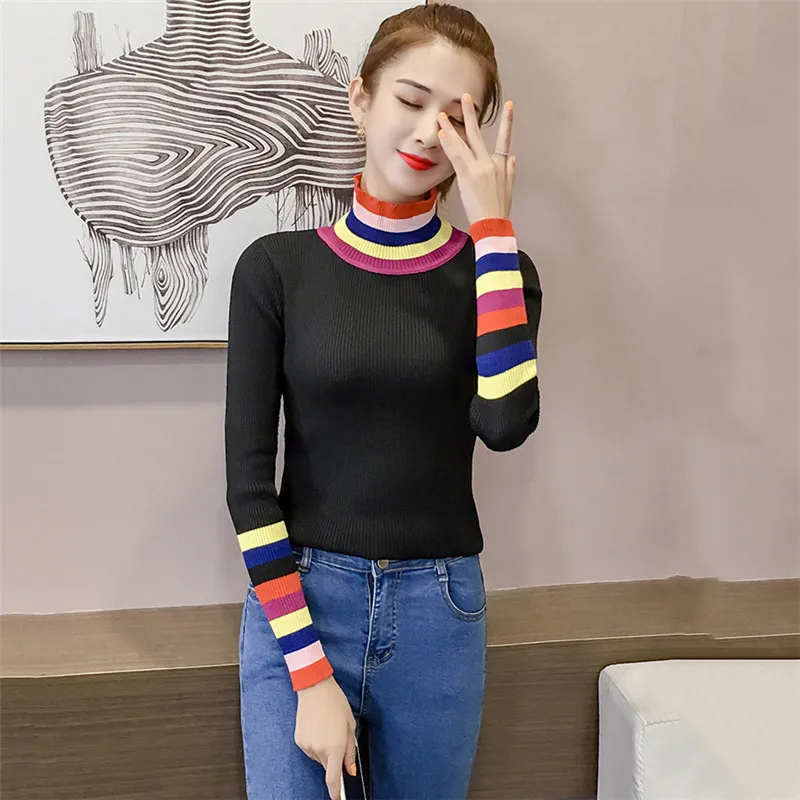 Women Pullover Sweater 2018 Autumn Winter New Half High Collar Rainbow Striped Sweater Female Korean Short Slim Sweaters XY708 Women Pullover Sweater 2018 Autumn Winter New Half High Collar Rainbow Striped Sweater Female Korean Short Slim Sweaters XY708