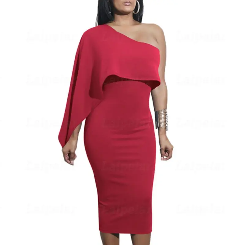 

Laipelar Irregular One Shoulder Bodycon Club Party Summer Black White Blue Red Fashion Ruffles Sheath Long Dress Women