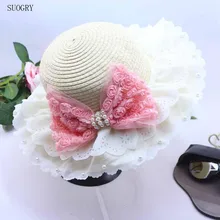 Модные летние шляпы для детей бутон шелковые кружевные шляпы от солнца жемчужные розовые соломенные шляпы с бантом 6 цветов