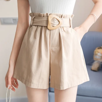 Qiukichonson High Waist Shorts Women Summer Short Pants Korean Fashion Casual Ruffle Pockets Design Black Shorts With Belt grey casual drawstring waist zipper design pants with four pockets