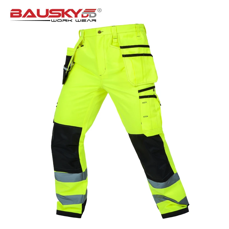 Bauskydd высокая видимость мужские Мульти-карманные флуоресцентные желтые безопасные Светоотражающие рабочие брюки