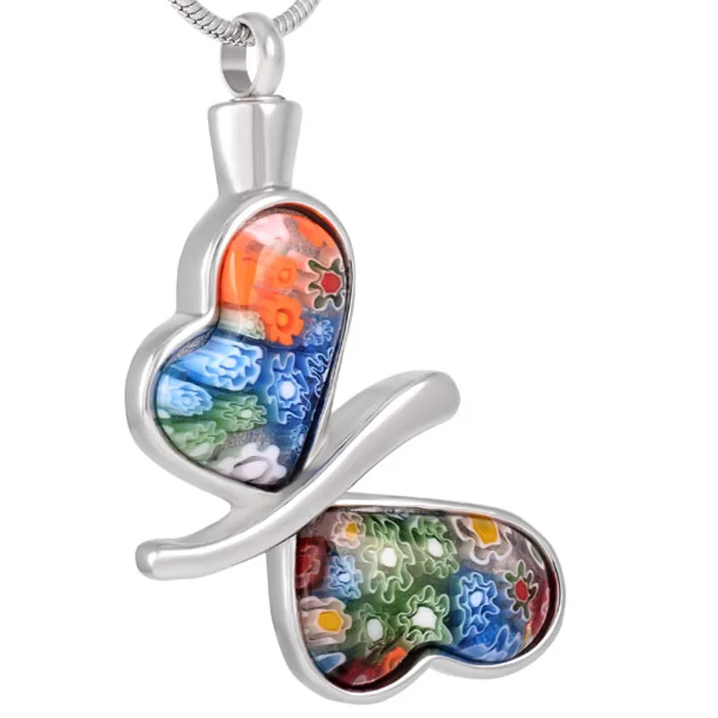 IJD8117 Beautiful Butterfly Murano Glass Memorial Urn Pendant Stainless Steel Pet Cremation Keepsake Pendant for Women