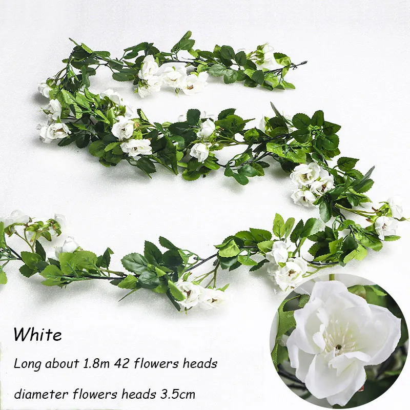 White Flone искусственные шелковые искусственные розы лоза ротанга 1,8 м ветка розы свадебные патио труба-кондиционер украшения дома стены искусства - Цвет: White