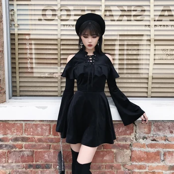 

Goth Dark Black Gothic Dress Pleated Mini Dress Long Sleeve A-line Sexy Punk Rock Sundress