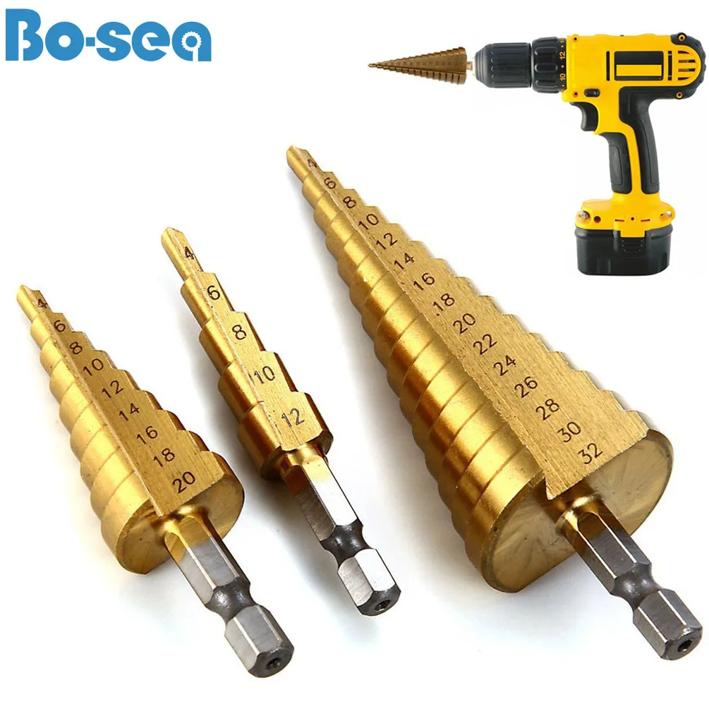 3pcs 4 12 20 32mm large hss steel step cone drill titanium bit hole 