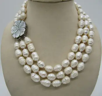 

fashion 3 row 11-12MM NATURAL WHITE SOUTH SEA BAROQUE PEARL NECKLACE 20"