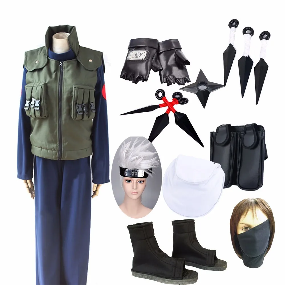 Аниме Наруто Хатаке Какаши Косплей костюмы Делюкс Полный комплект Хэллоуин наряд парик+ обувь+ повязка на голову+ нога и пояс+ маска+ перчатка+ оружие - Цвет: SetC
