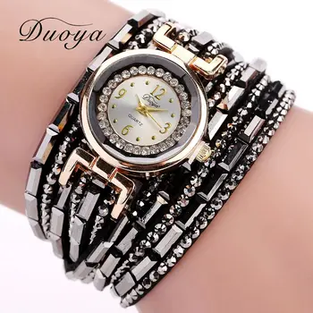 Duoya Brand Gold Crystal Fashion Bracelet Watch Women Casual Leather Clock Female Dress Quartz Electronic Wristwatch DY004