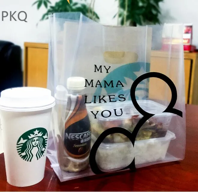 

20x30cm 25x35cm 28x40cm Clear Plastic Handle Bags Lunch Take-Out Food Package Poly Bag Transparent Gift Box Takeout Packing Bag