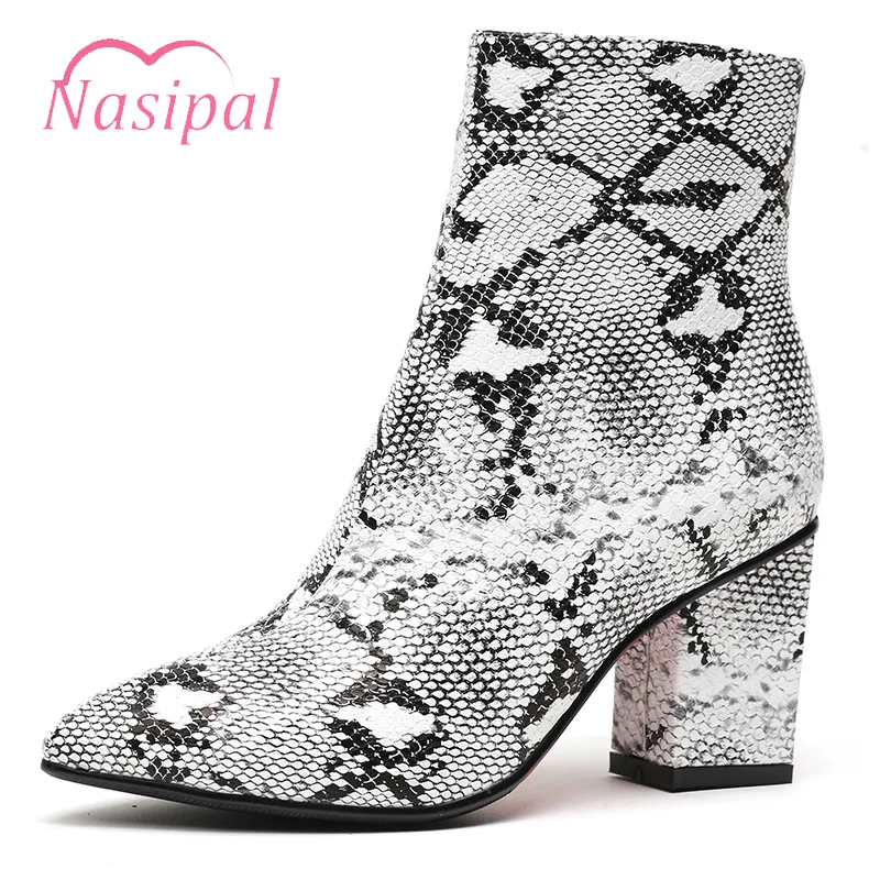 

Nasipal Fashion Printing Leather Women Ankle Boots Pointed Toe Chunky High Heel Boots Sexy Stiletto Women Pumps Chelsea Boots