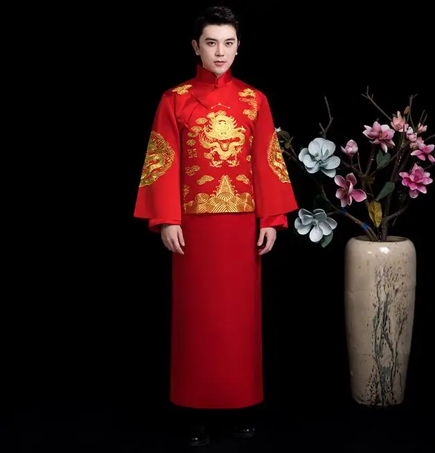 Бежевое Новое модное благородное Ретро китайское женское свадебное платье с разрезами по бокам и воротником-стойкой длинное свадебное платье Qipao нежная вышивка cheongsam Размер s-xxl - Цвет: Men red B