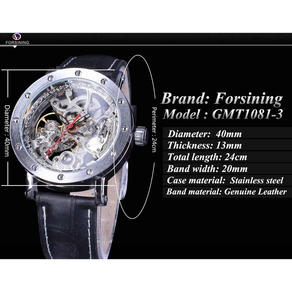 Forsining Silver Skeleton Wristwatches Black Red Pointer Black