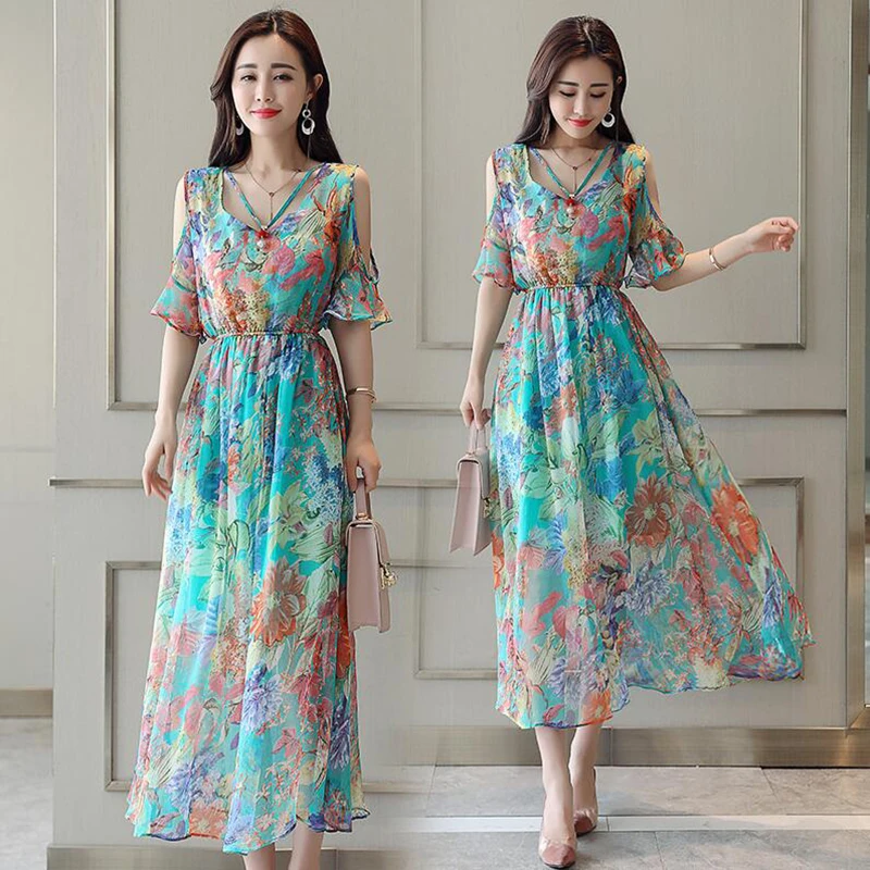 Летние Для женщин шифон Boho пляжное платье женский тонкий с открытыми плечами Высокая Талия платье с цветочным рисунком элегантные длинные платья Сарафан