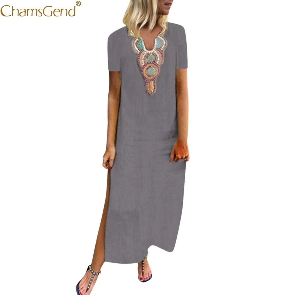 Женское летнее платье с принтом белое v образным вырезом и Боковым Разрезом