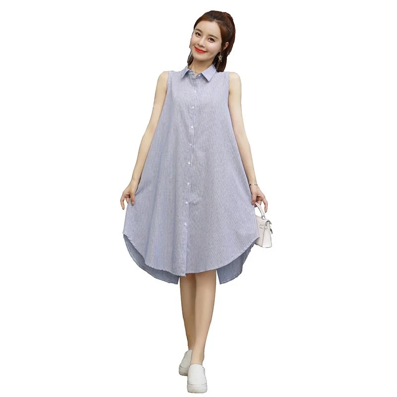 

Pengpious 2019 Summer Pregnant Women Sleeveless Turn-down Collar Irregular Long Loose Cotton Shirts Maternity Striped Blouses