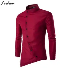LeeLion 2018 Новый сезон: весна–лето рубашка с длинными рукавами Для мужчин одноцветное косой кнопку Для мужчин рубашки с воротником-стойкой
