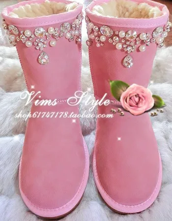 

Handmade high quality gorgeous rhinestone beading gem pearl pink knee-high snow boots !