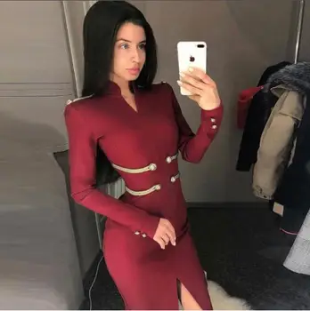 

New Winered Color Ladies HL Bandage Dress Long Sleeve Sexy Bodycon Mini Dress Stand Evening Party Dress