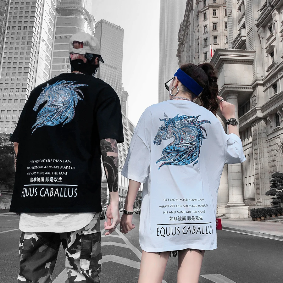 

Summer Oversize Short-sleeved T-shirt Men's and Women's Hiphop Round Neck Fashion Horse Printing Tops Tees