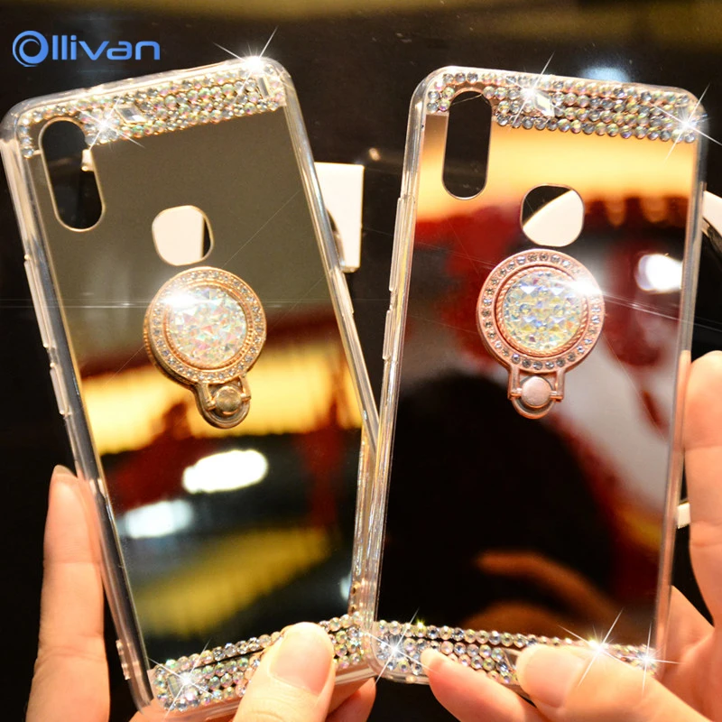 Ollivan Mirror Rhinestone Case For Huawei P20 Mate 20 10 P9 Lite P20 Pro Y6 2017 Y5 Y7 Prime 2018 P Smart Phone Case Ring Holder