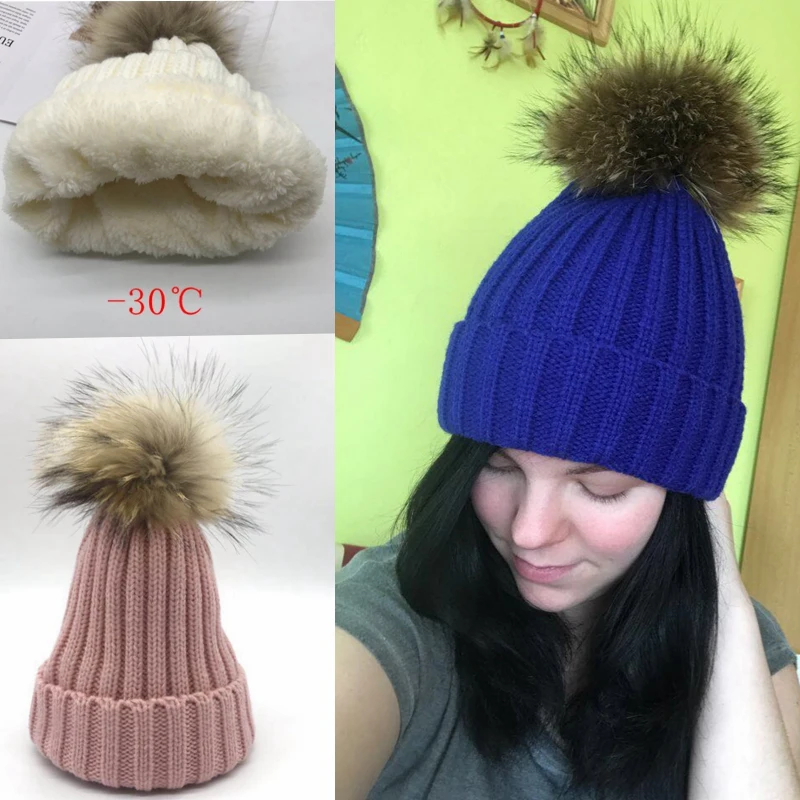 

Mink fox fur ball cap wool ball capwinter men's and women's cap knitted brimless thickened Plush New thick female
