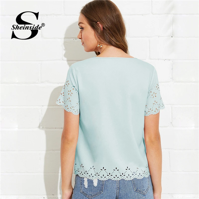 Sheinside, собранная горловина, зубчатая, лазерная резка, вставка, блузка для женщин, однотонный топ,, короткий рукав, летние блузки для дам, топы в стиле бохо