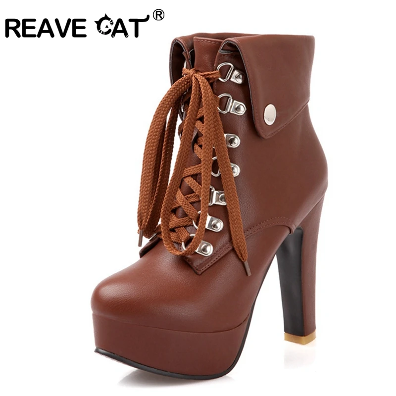 Plus Size Platform High Heels Boots Lace Up Chunky Heel Ankle Boots for ...