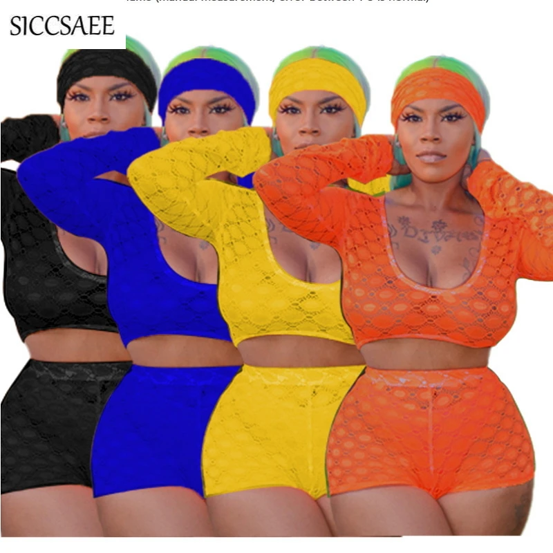

4 Pieces Bodycon Bodysuit See Through Crochet Sheer With Headscarf Short Sets For Women Sexy Casual Bandage Playsuits Summer