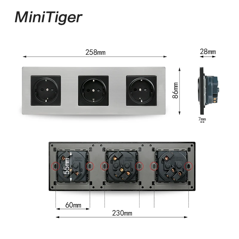 Minitiger Европейская стандартная черная панель из нержавеющей стали с двойными стенками розетка 16А Европейская розетка+ женский ТВ разъем порт серебро