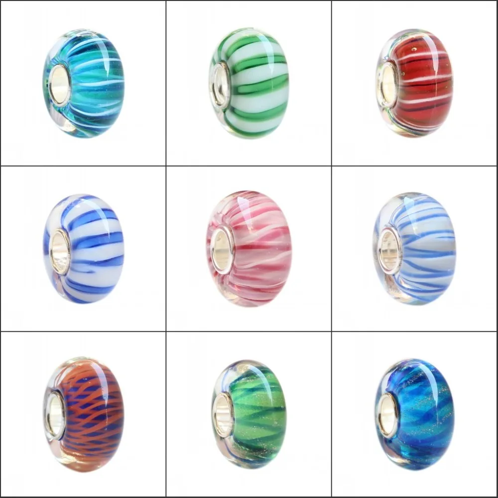 

925 Sterling Silver Large Hole Colorful 3D Flowers Stripe Murano Glass Charm Beads Fit European Bracelet Jewelry
