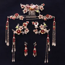Невесты китайский золотой фон красный гребень для волос с кисточками палочка для волос цветок украшения для волос Тиара китайские свадебные аксессуары для волос