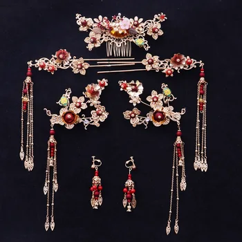 

Bride Chinese gold Tassel hair comb stick sets hair ornaments brides chinese wedding hair accessories