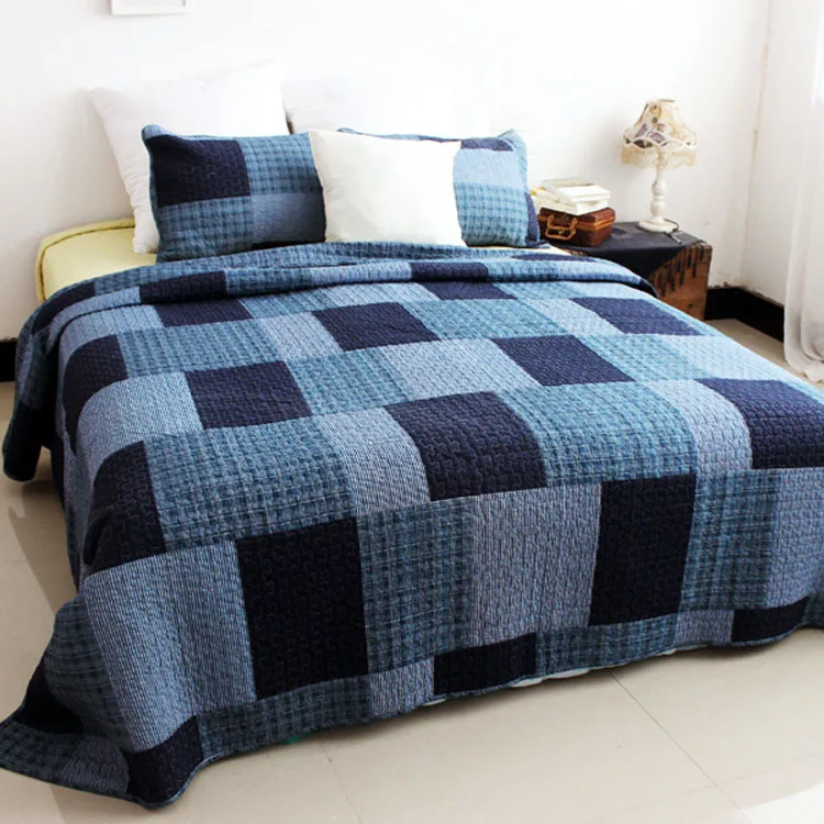 Blue Plaid Quilted Bedspread,Checkered Style Cotton Patchwork Quilt,1 ...