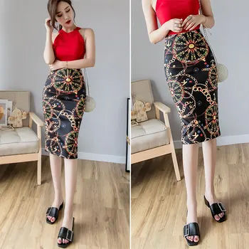 

ATKULLQZ European and American fashion print bag hip skirt 2019 spring new retro pocket watch figure long skirt open woman skirt
