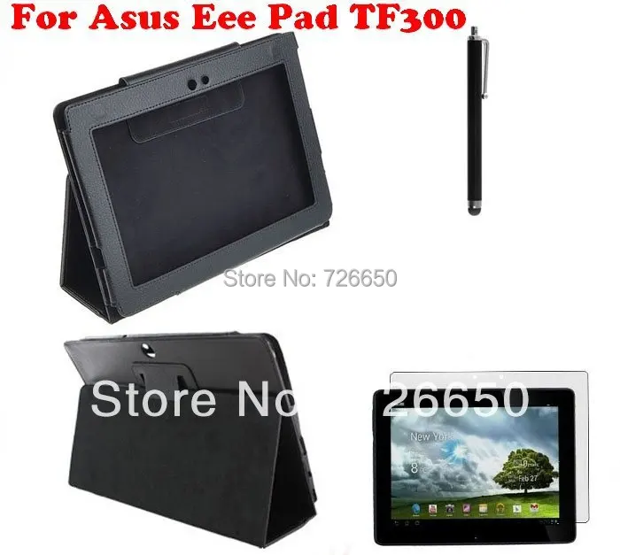 Для Asus Eee Pad Transformer TF300/TF300T чехол из искусственной кожи с подставкой черный+ защита экрана+ стилус