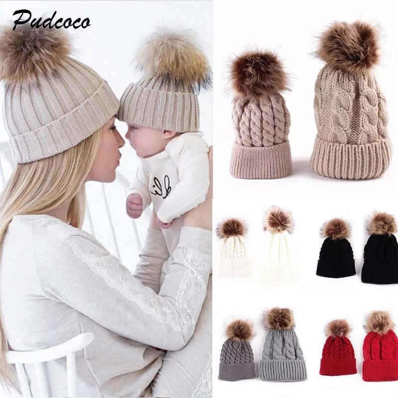 

2018 New Women Mom Baby Girls Boys Knit Wool Pom Bobble Hat Winter Faux Fur Warm Beanie 5 Colors Caps 2pcs