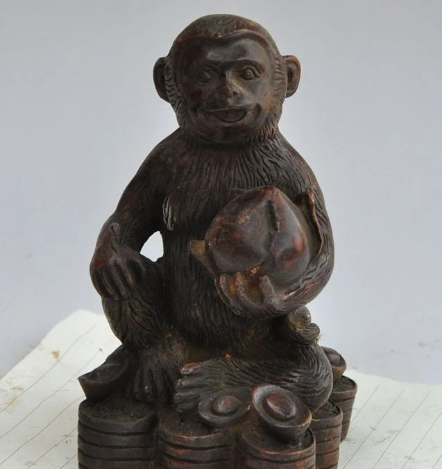 

7" chinese fengshui bronze wealth money coin ingot animal peach monkey statue