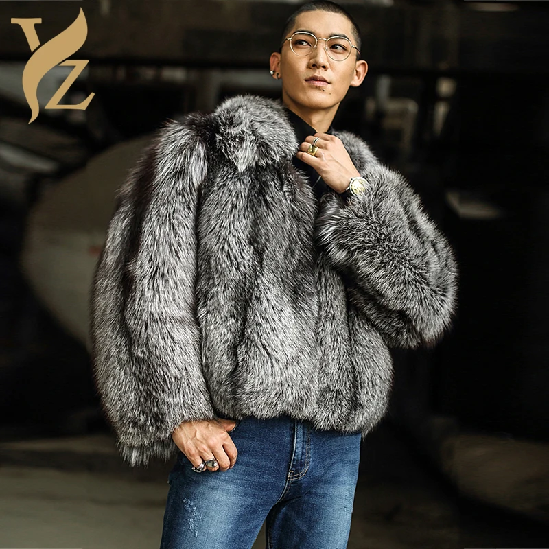 

Hot Sell Silver Fox Fur Coat Men's Jackets With Nature Fox Fur Lapel Collar Full Pelt Real Fox Fur Overcoats Covered Winter 2018