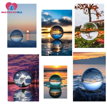 

Embroidered with rhinestones Diamond embroidery full figuration of crystal ball with sunrise sunset scenery Diamond painting