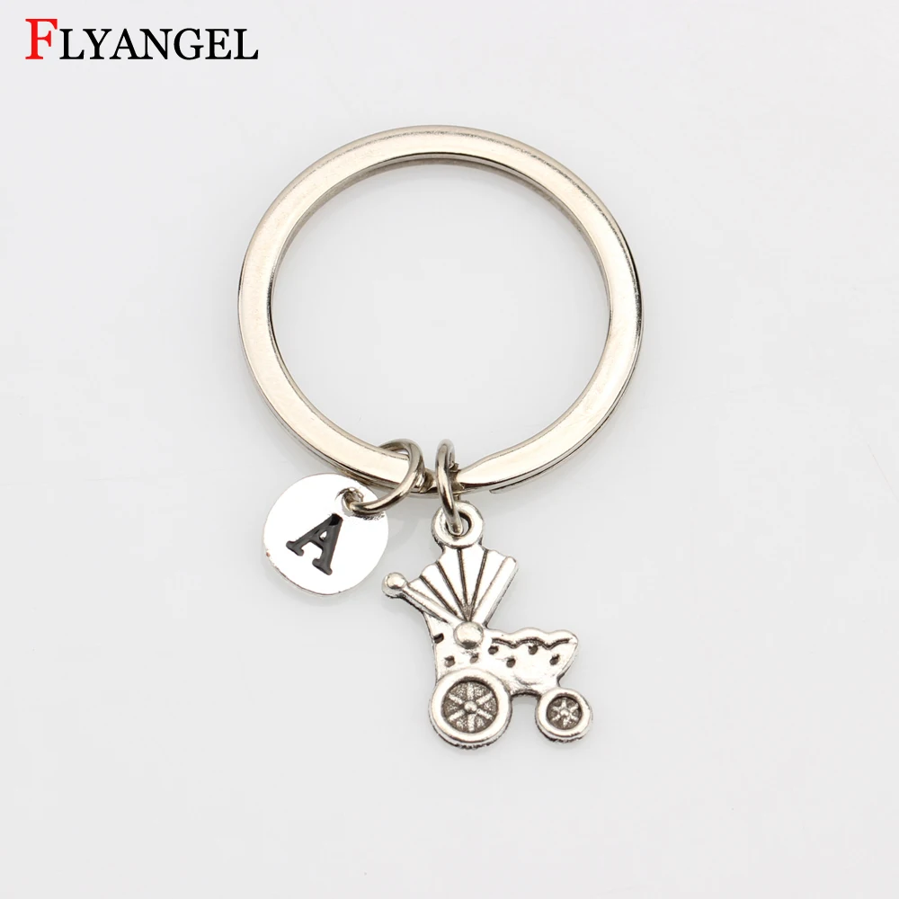Silver Color Keychain Holder Vintage Baby Carriage Pram Pendant A-Z Custom Initials Name Key Chains Rings Birth Gifts | Украшения и