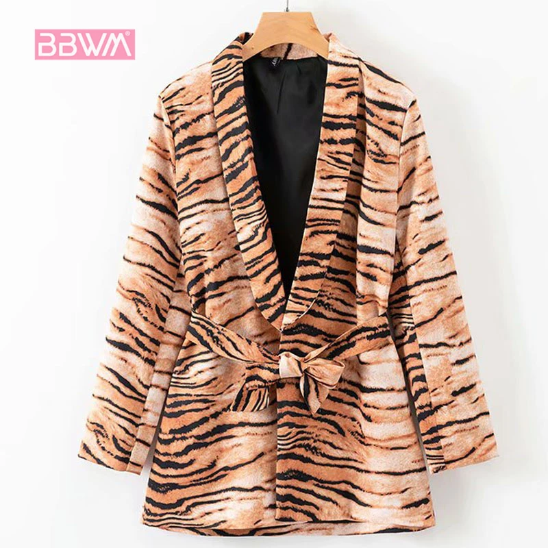 

2019 autumn new fashion lapel long-sleeved tiger skin print lace-up suit female jacket coat