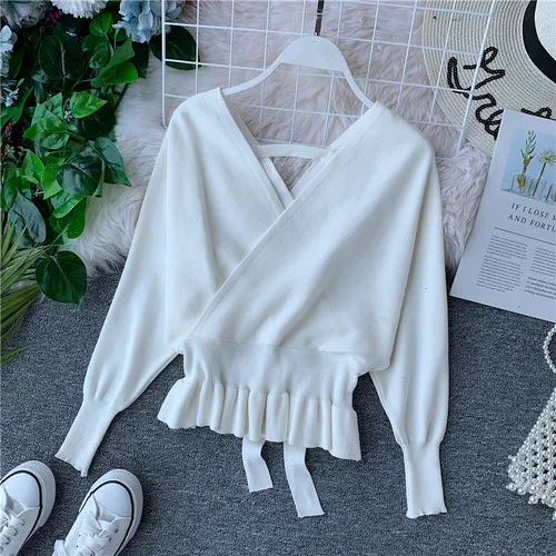 OCEANLOVE Autumn Winter Sexy V Neck Women Sweaters Batwing Sleeve Bow Short Slim Sueter Mujer Fashion Pullovers 12653 - Цвет: Белый