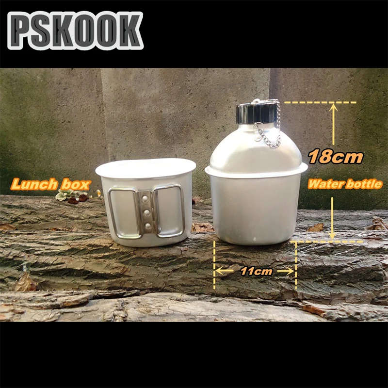 PSKOOK al aire libre cantimplora de aluminio botella de agua militar ejército bolso colgante botella Camping Set de cocina caja de almuerzo 1 Unidades