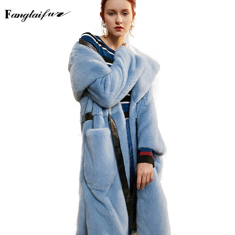 

Fang Tai Fur 2019 Import Velvet Mink Fur Coat With Fur Hood Loss Sashes Mink Coats Women's Thicken X-Long Real Mink Fur Coats