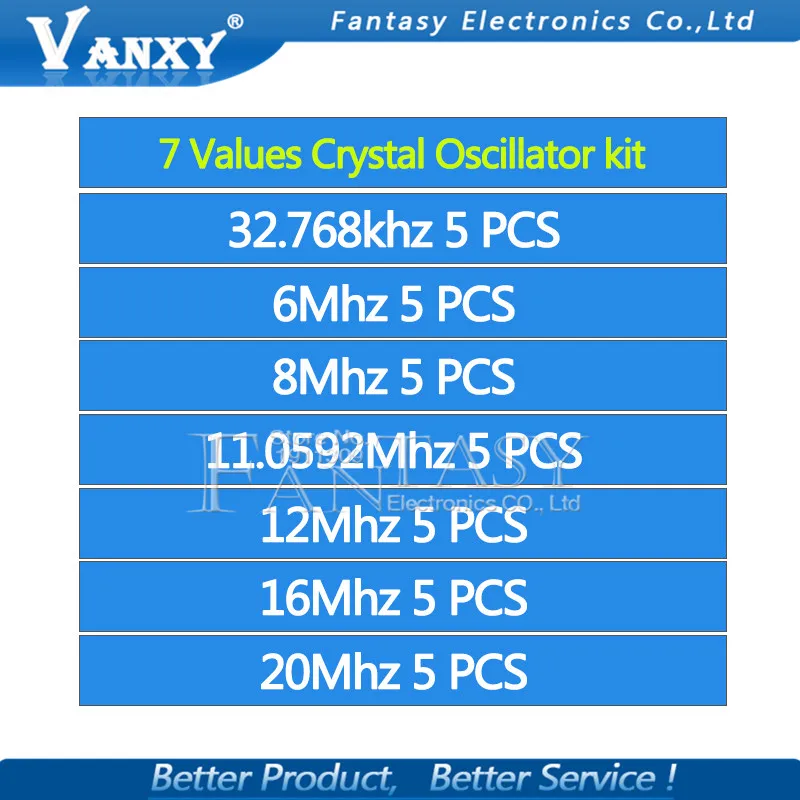 7values*5pcs=35pcs 32.768Khz 6Mhz 8Mhz 11.0592Mhz 12Mhz 16Mhz 20Mhz Crystal Oscillator HC-49S kit