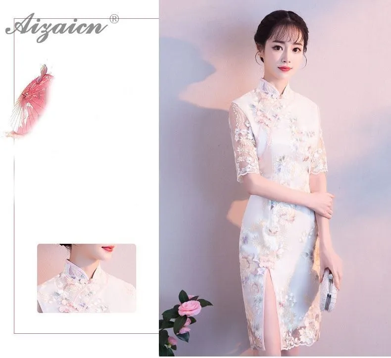 Primavera flor bordado Cheongsam corto Slim Qi Pao las mujeres vestido chino 2019, китайский, Восточный, винтажный стиль, vestido Qipao